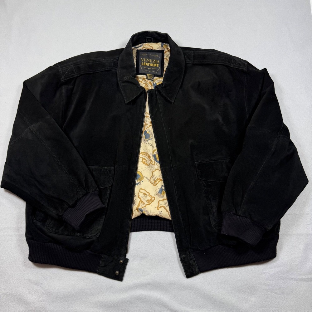 Venezia Leathers Black Suede Bomber Jacket Map Print Lining Plus Size 22/24